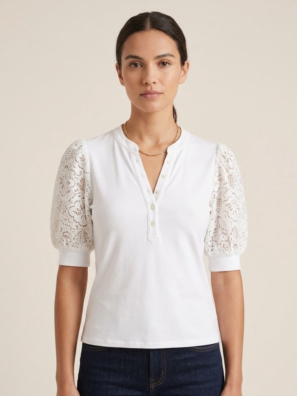 Veronica Beard Coralee Lace Puff Sleeve Henley Top White Size L